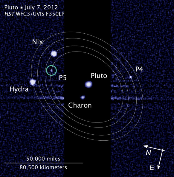 An image taken on July 7, 2012 by the Wide Field Camera 3 on the Hubble Space Telescope shows the recently discovered fifth moon of Pluto. Moons P4 and P5 are now known as Kerberos and Styx, respectively.  NASA, ESA, M. SHOWALTER (SETI INSTITUTE) AND L. FRATTARE (STSCI)
